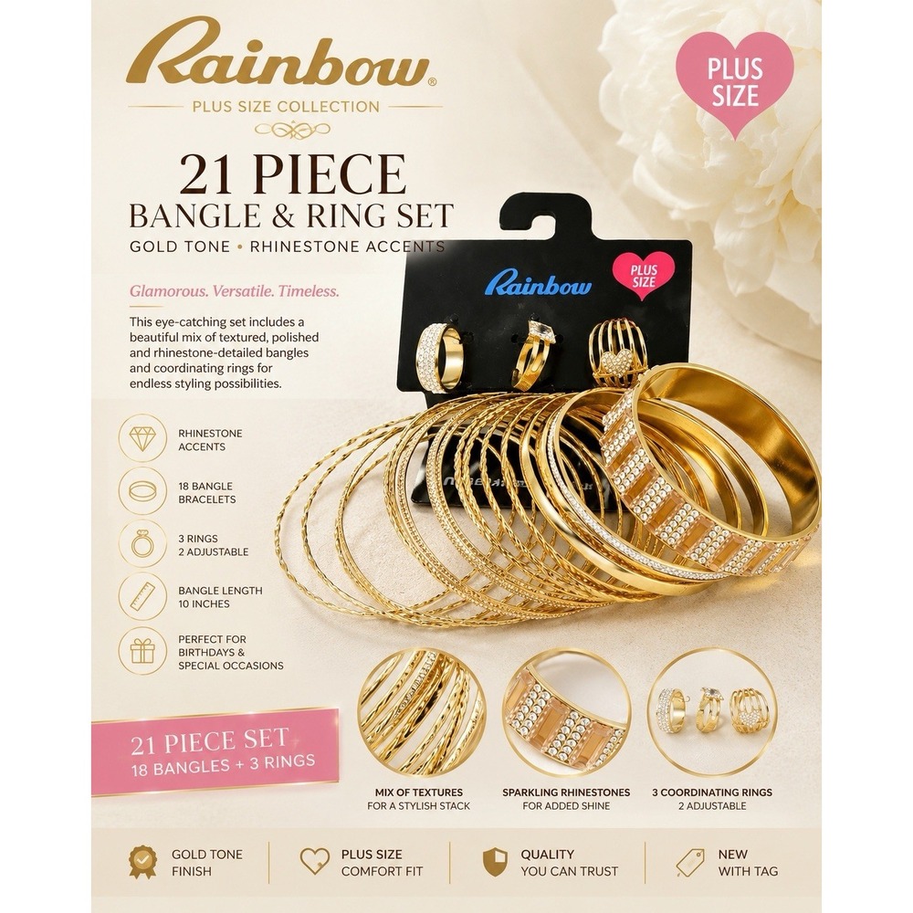 Rainbow Plus Size Gold Tone Rhinestone Bangle Bracelet & Ring Set 21 Pc NWT